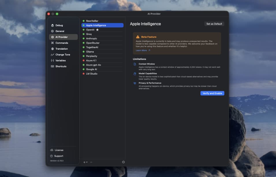 Apple Intelligence Setup in RewriteBar