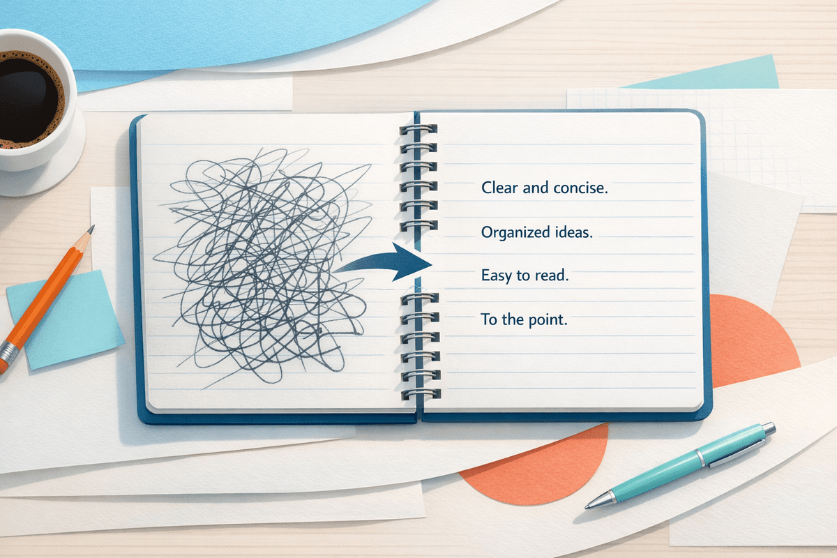 Notebook showing messy notes transformed into clear writing